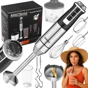 MOCNY BLENDER WIELOFUNKCYJNY MIKSER RĘCZNY 1500W SREBRNY LED AKCESORIA XXL